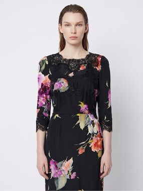 NWOT Dolce & Gabbana Black Floral Lace-Trim Midi Dress